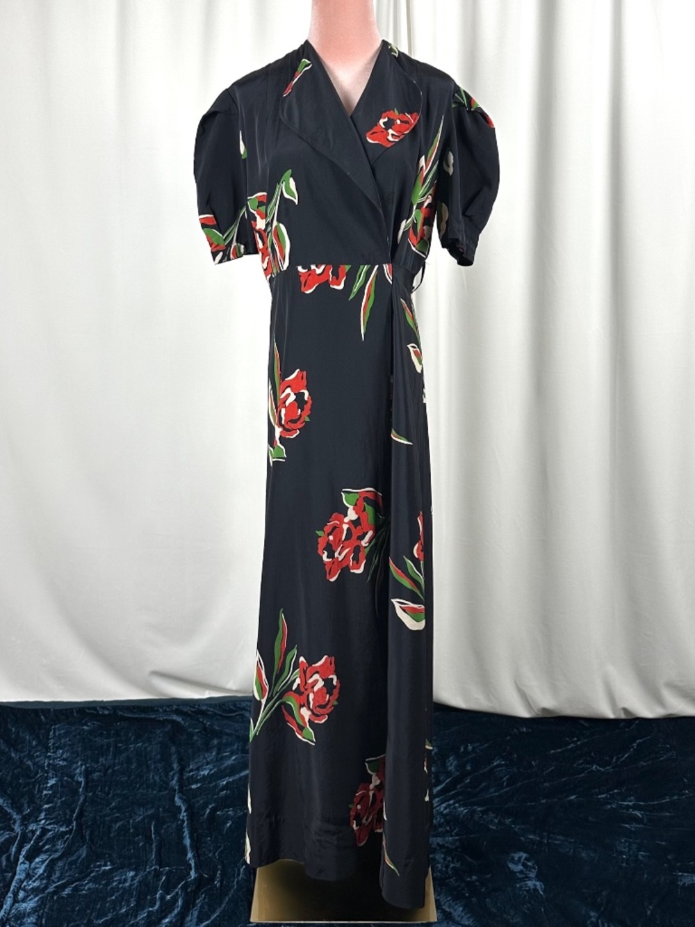 Vintage 80s Black Floral Wrap Dress – Puff Sleeve Romantic Midi Dress - XS/S